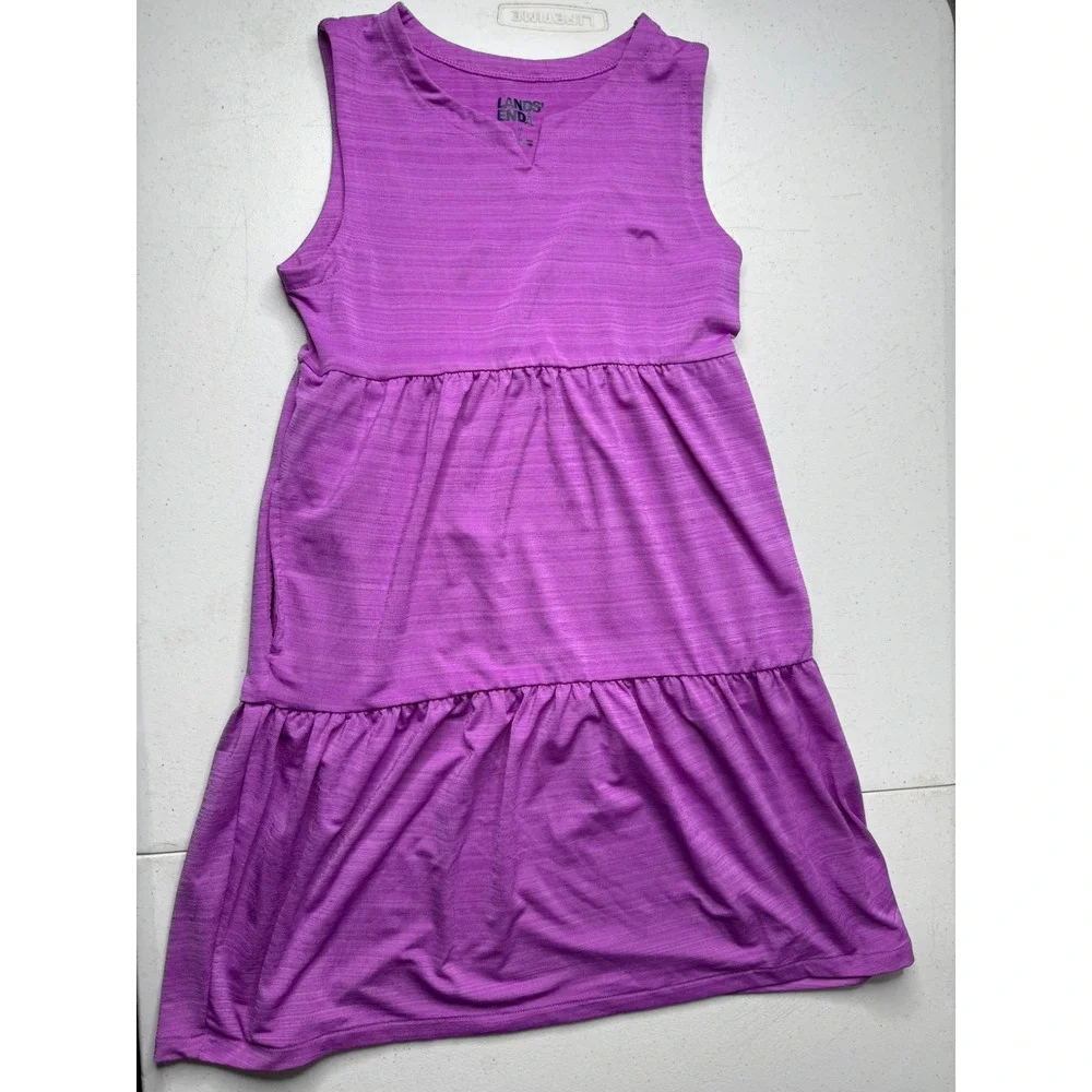 Lands End Girls Purple Tiered Knit Sleeveless Dress Size M 8‎ Slub Jersey Pocket